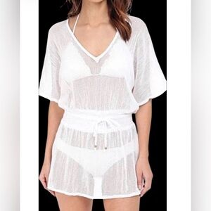 Vitamin A White Lucette Plunge Tunic Cover Up Sheer Size S Honeycomb Mesh NEW